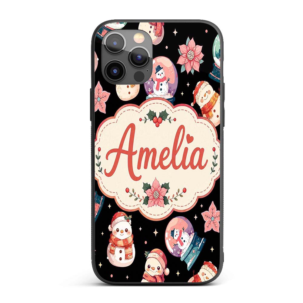 Snowman Snow Globe Poinsettia Winter Christmas on Custom Name Protective Phone Case Mobile Cover Durable Everyday Smartphone Shock Resistant