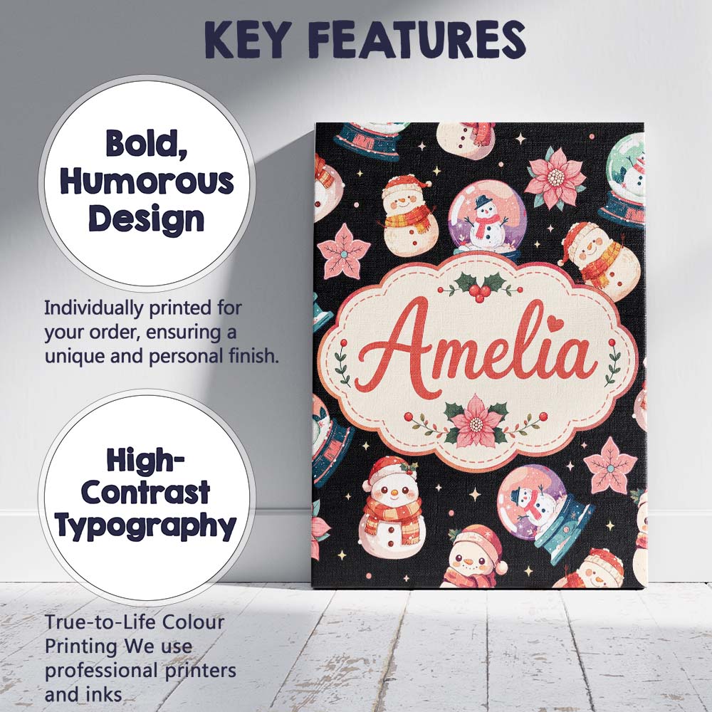 Personalised Name Snowman Snow Globe Custom Premium Decorative Design Modern Room Accent Canvas Wall Art Print Decor Picture Ready to Hang