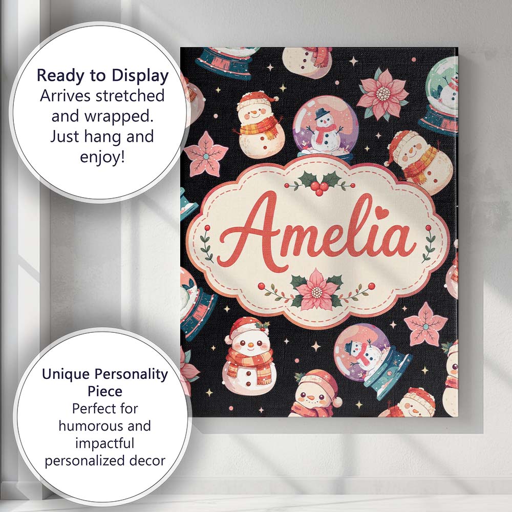 Personalised Name Snowman Snow Globe Custom Premium Decorative Design Modern Room Accent Canvas Wall Art Print Decor Picture Ready to Hang