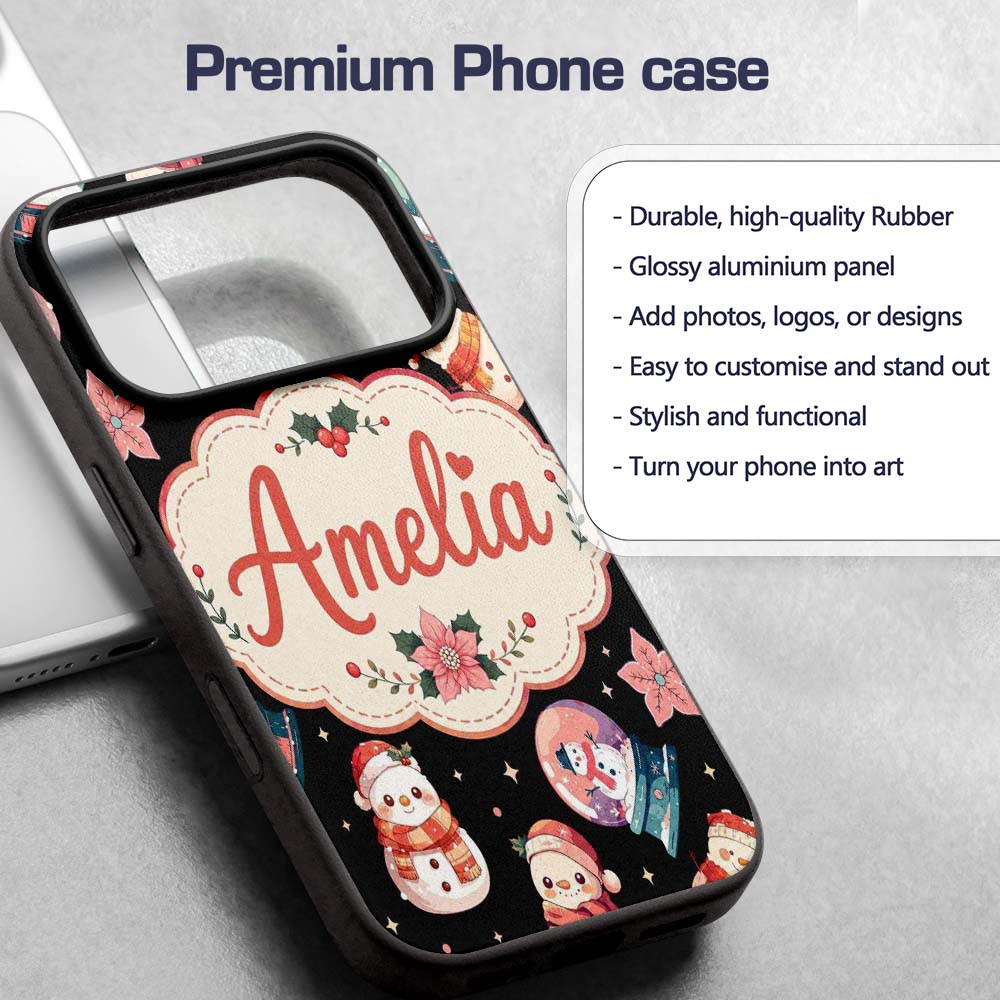 Snowman Snow Globe Poinsettia Winter Christmas on Custom Name Protective Phone Case Mobile Cover Durable Everyday Smartphone Shock Resistant