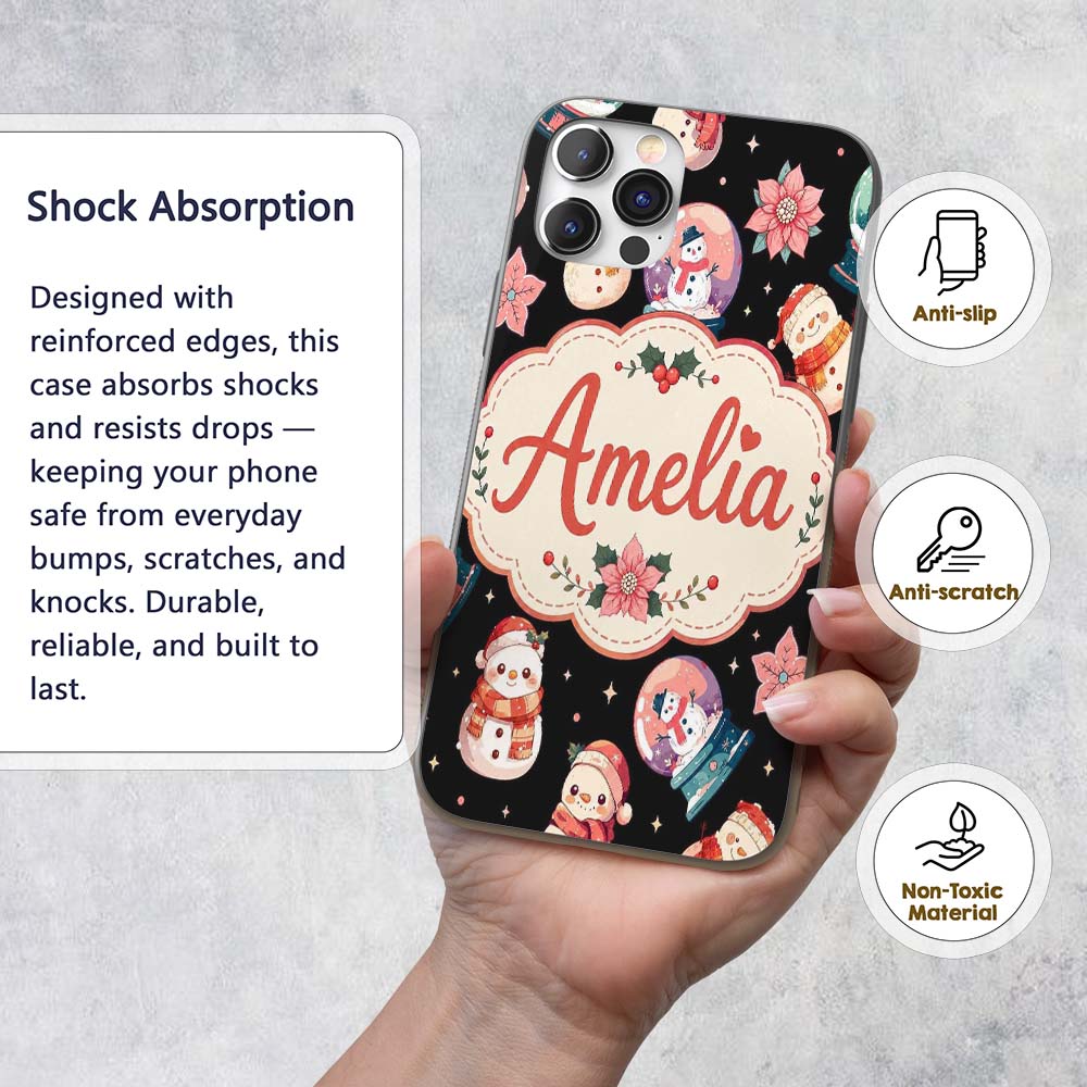 Snowman Snow Globe Poinsettia Winter Christmas on Custom Name Protective Phone Case Mobile Cover Durable Everyday Smartphone Shock Resistant