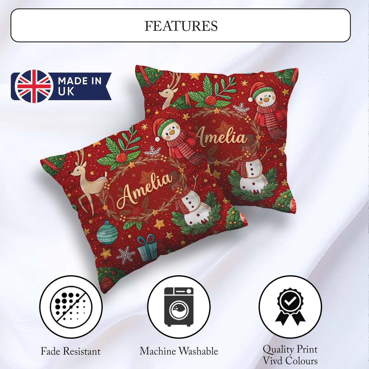 Custom Name Snowman Holly Leaves Red Background Seamless Pattern Square Filled Cushion Throw Pillow Sofa Bed Home Decor Zip Washable UK Made