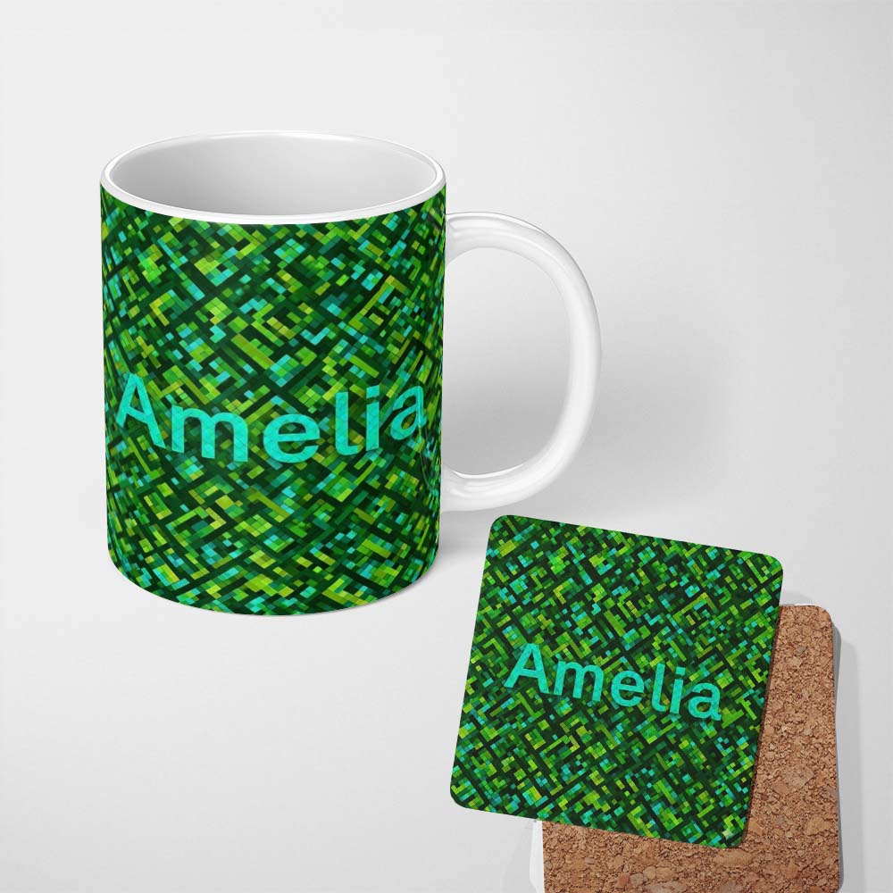 Personalized Custom Name Green Pixel Geometric Abstract Seamless Pattern Stylish Everyday Mug 11oz Ceramic Coffee Tea Mug White Large Handle