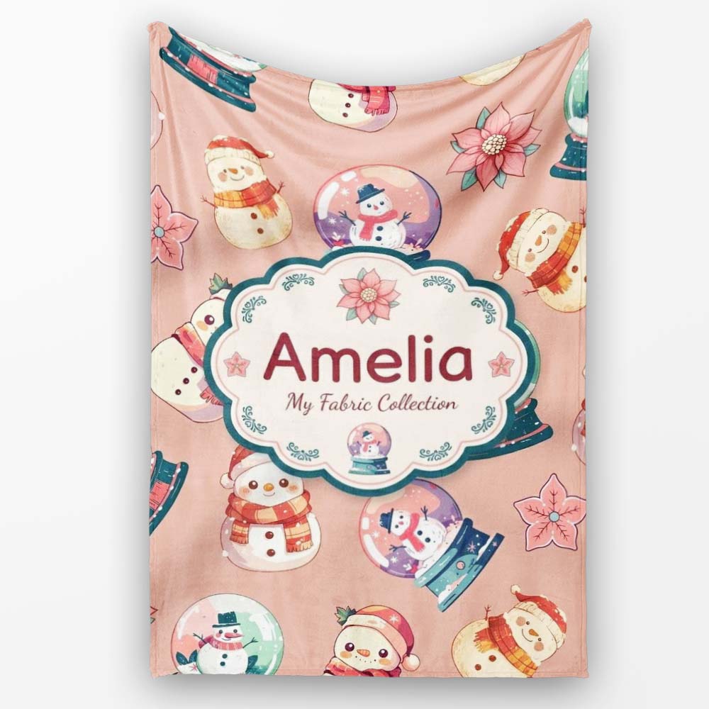 Snowman Snow Globe Poinsettia Winter Christmas on Peach Background Personalised Custom Name Super Soft Fleece Blanket Bed Sofa Throw