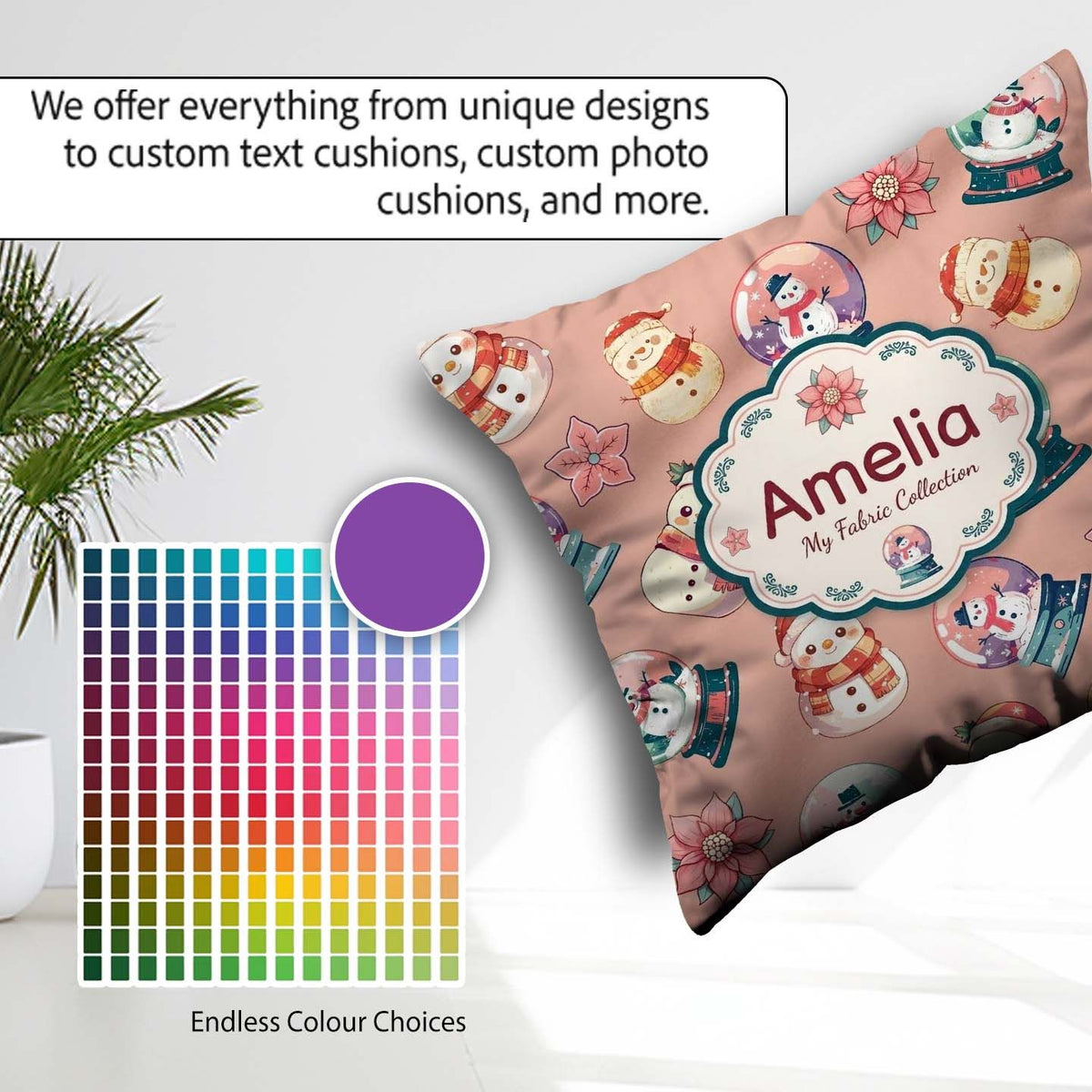 Custom Name Snowman Snow Globe Poinsettia Winter Christmas Peach Square Filled Cushion Throw Pillow Sofa Bed Home Decor Zip Washable UK Made