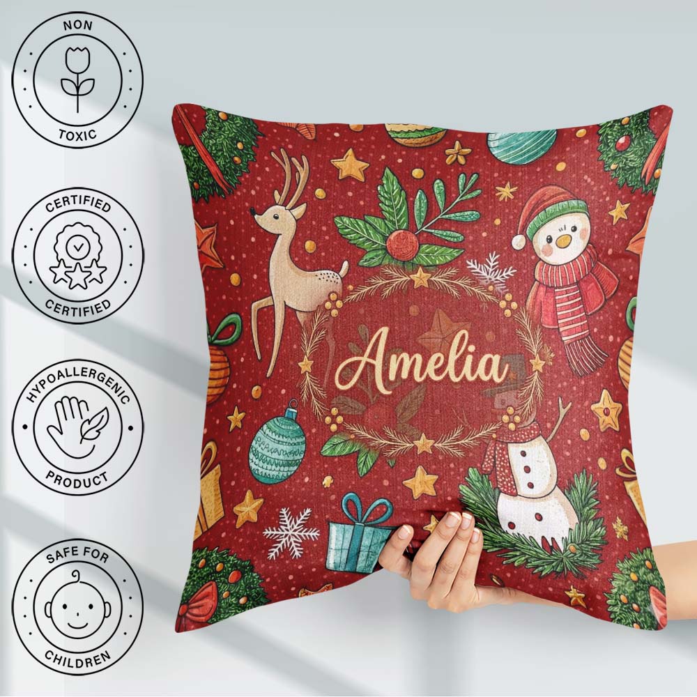 Custom Name Snowman Holly Leaves Red Background Seamless Pattern Square Filled Cushion Throw Pillow Sofa Bed Home Decor Zip Washable UK Made