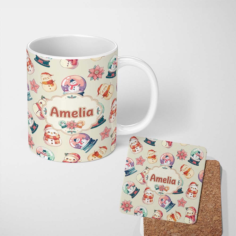 Personalized Custom Name Snowman Snow Globe Poinsettia Winter Christmas on Cream Background 11oz Ceramic Coffee Tea Mug White Large Handle