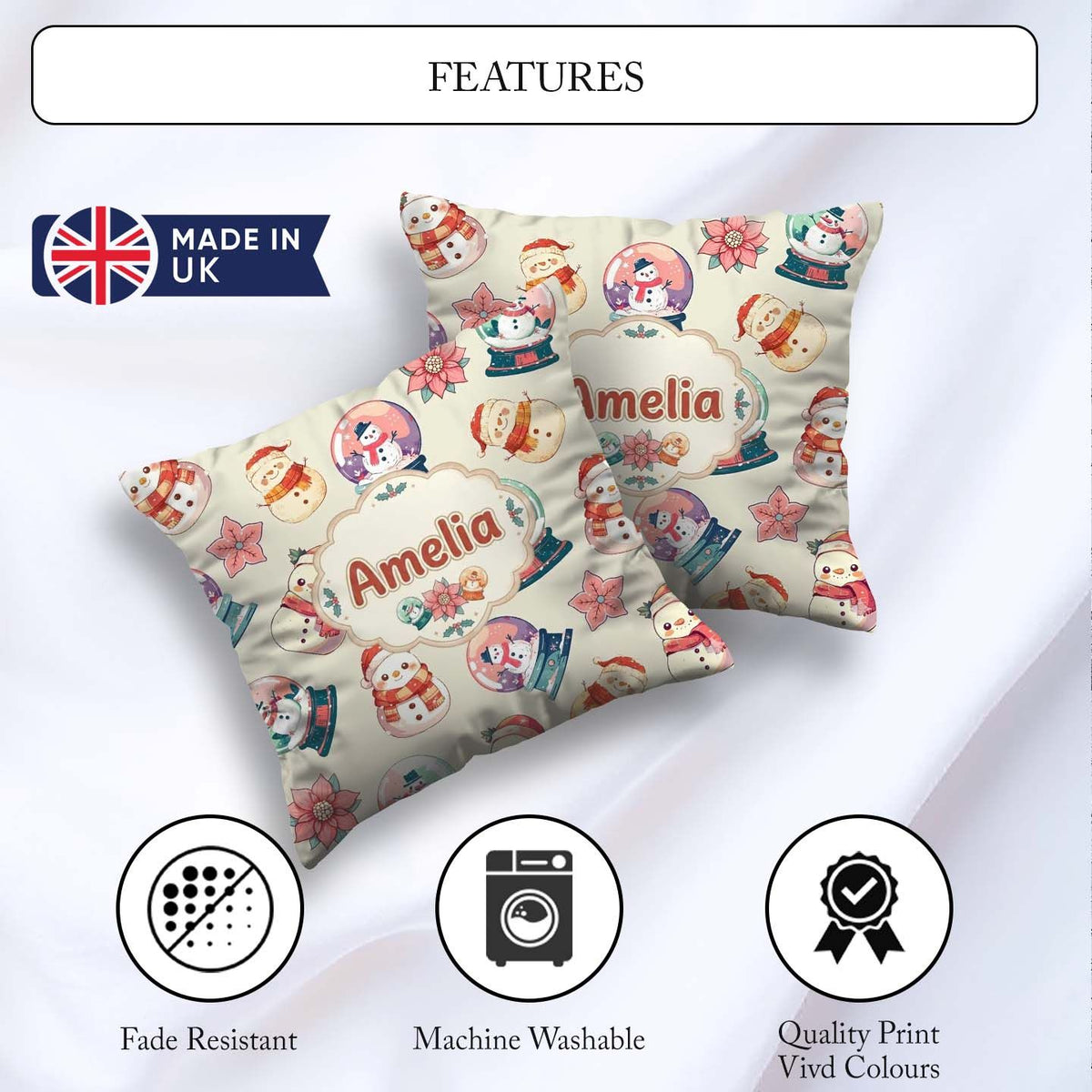 Custom Name Snowman Snow Globe Poinsettia Winter Christmas Cream Square Filled Cushion Throw Pillow Sofa Bed Home Decor Zip Washable UK Made