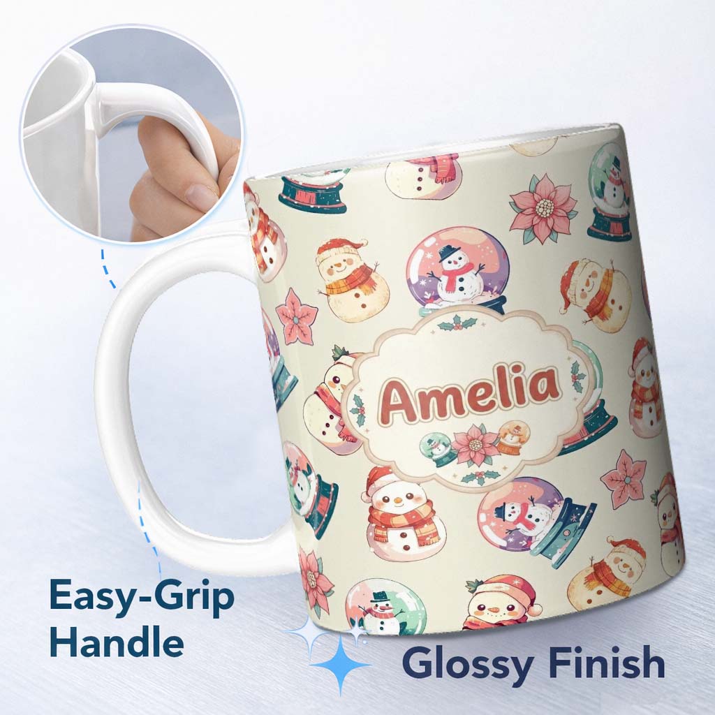 Personalized Custom Name Snowman Snow Globe Poinsettia Winter Christmas on Cream Background 11oz Ceramic Coffee Tea Mug White Large Handle