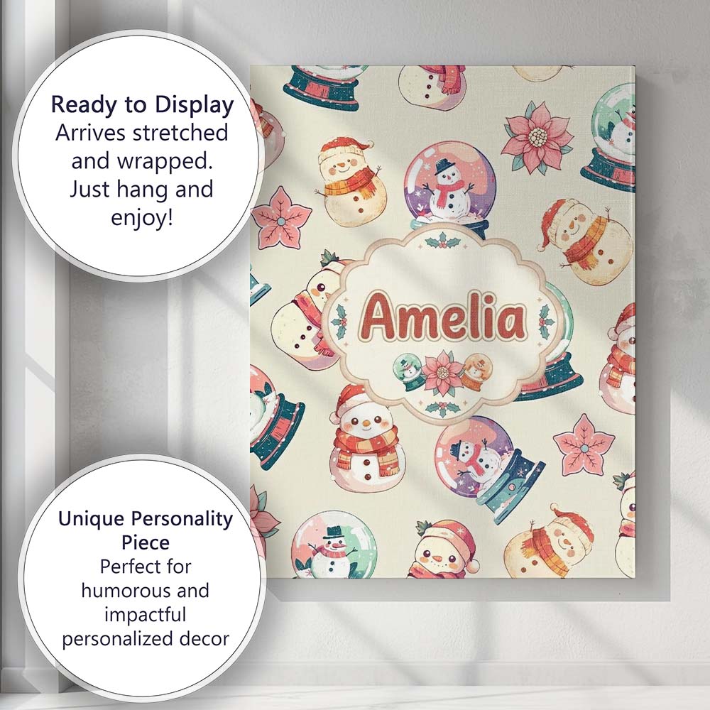 Personalised Name Snowman Snow Globe Custom Premium Decorative Design Modern Room Accent Canvas Wall Art Print Decor Picture Ready to Hang