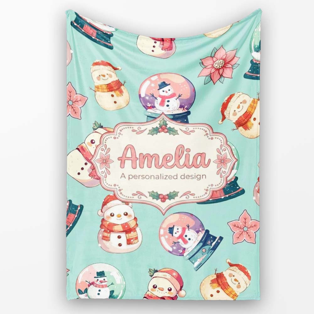 Snowman Snow Globe Poinsettia Winter Christmas on Teal Background Personalised Custom Name Super Soft Fleece Blanket Bed Sofa Throw