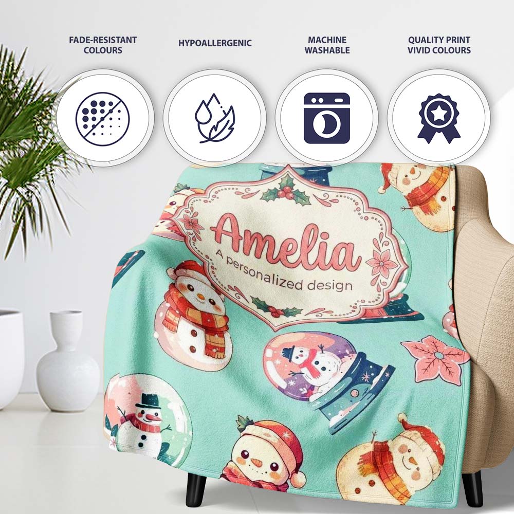 Snowman Snow Globe Poinsettia Winter Christmas on Teal Background Personalised Custom Name Super Soft Fleece Blanket Bed Sofa Throw