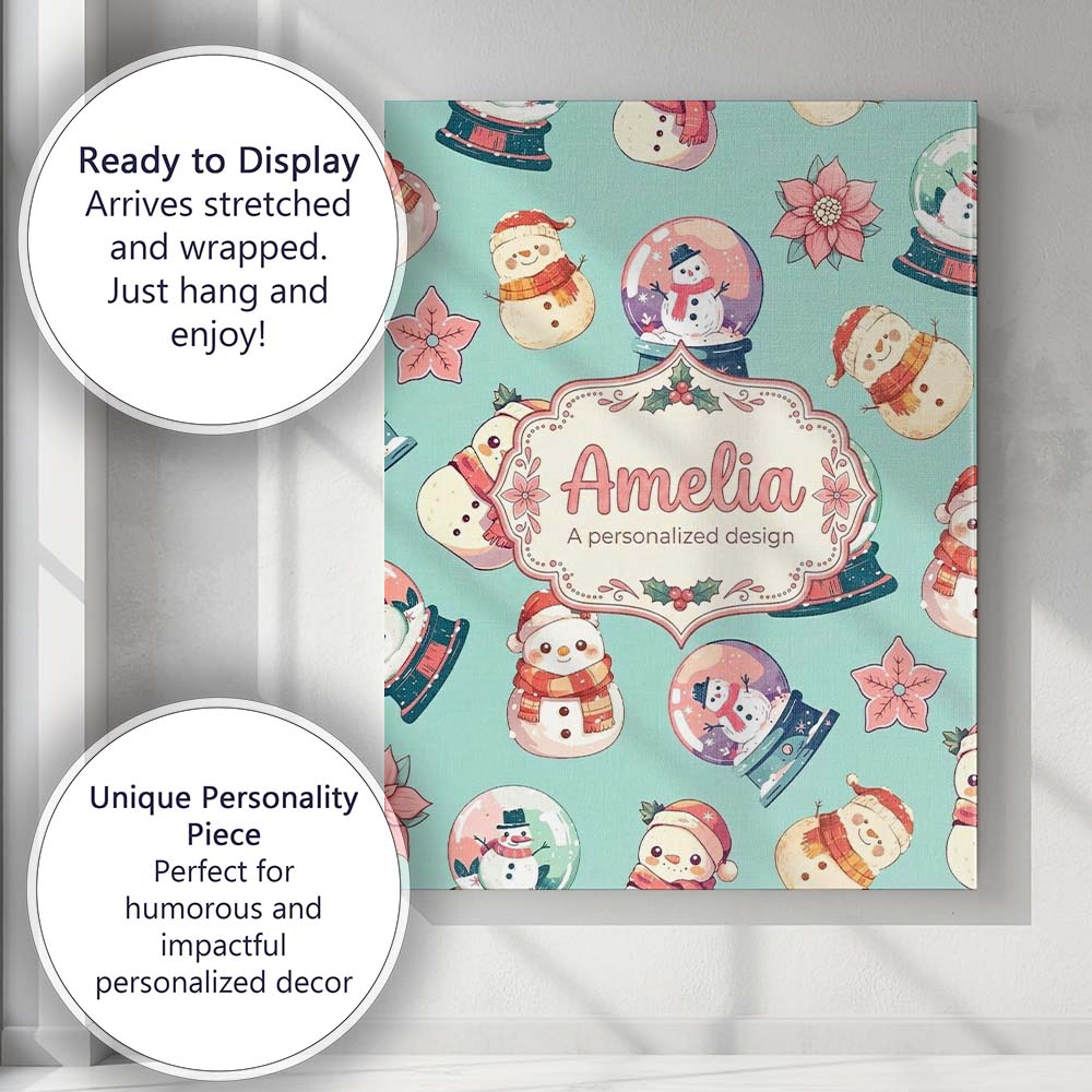 Personalised Name Snowman Snow Globe Custom Premium Decorative Design Modern Room Accent Canvas Wall Art Print Decor Picture Ready to Hang