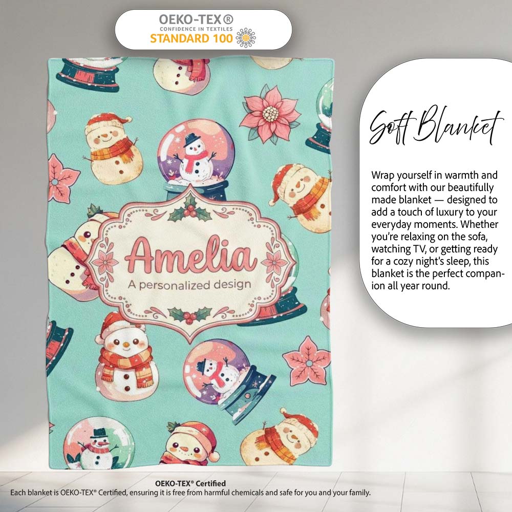 Snowman Snow Globe Poinsettia Winter Christmas on Teal Background Personalised Custom Name Super Soft Fleece Blanket Bed Sofa Throw
