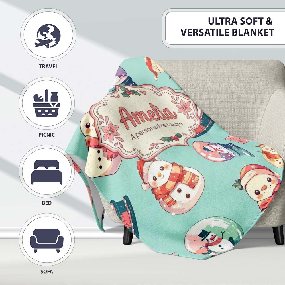 Snowman Snow Globe Poinsettia Winter Christmas on Teal Background Personalised Custom Name Super Soft Fleece Blanket Bed Sofa Throw