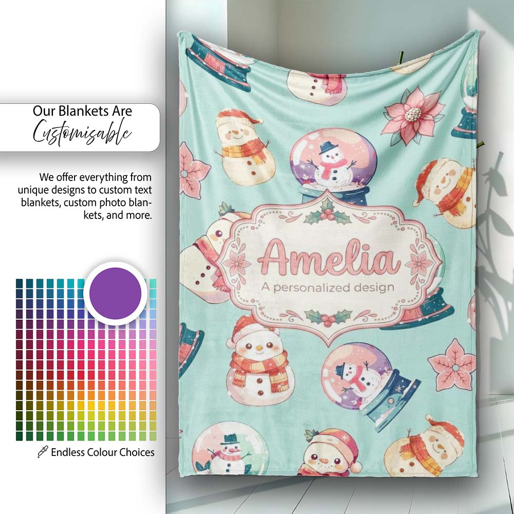 Snowman Snow Globe Poinsettia Winter Christmas on Teal Background Personalised Custom Name Super Soft Fleece Blanket Bed Sofa Throw