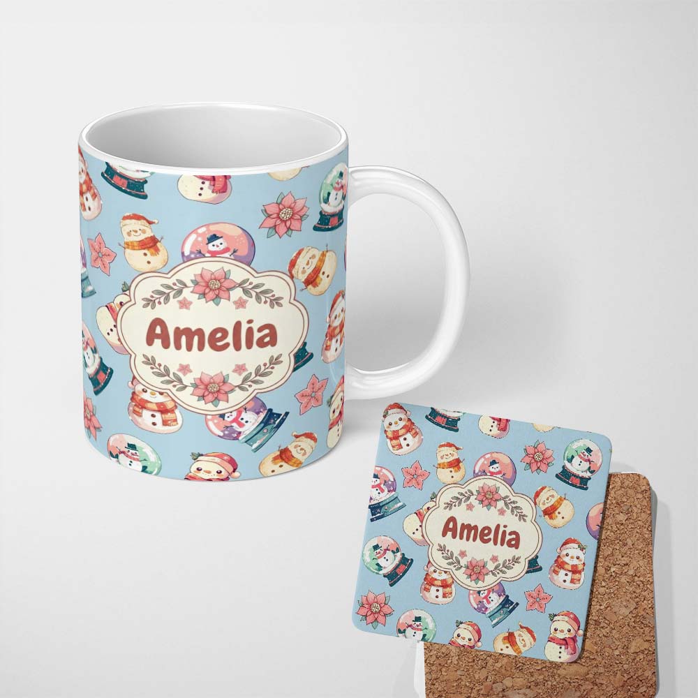 Personalized Custom Name Snowman Snow Globe Poinsettia Winter Christmas on Blue Background 11oz Ceramic Coffee Tea Mug White Large Handle