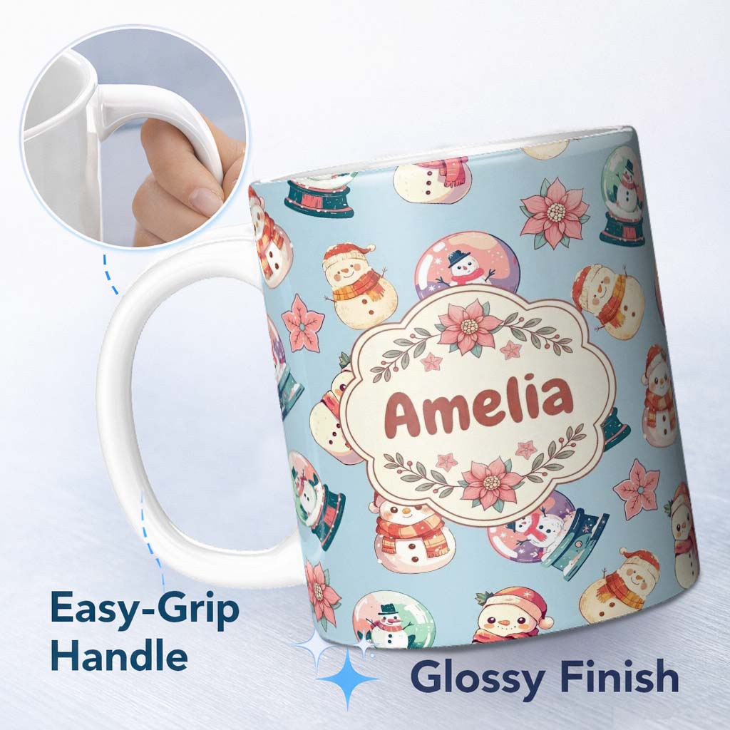 Personalized Custom Name Snowman Snow Globe Poinsettia Winter Christmas on Blue Background 11oz Ceramic Coffee Tea Mug White Large Handle
