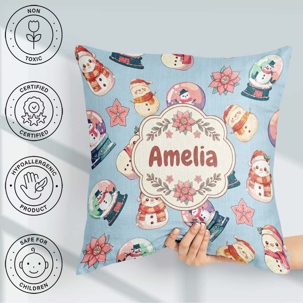 Custom Name Snow Globe Poinsettia Winter Christmas on Background Square Filled Cushion Throw Pillow Sofa Bed Home Decor Zip Washable UK Made