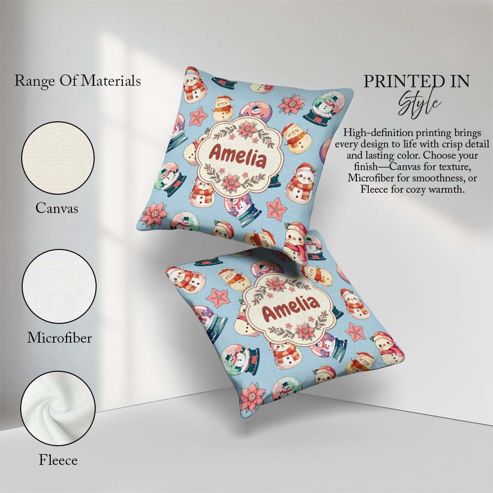 Custom Name Snow Globe Poinsettia Winter Christmas on Background Square Filled Cushion Throw Pillow Sofa Bed Home Decor Zip Washable UK Made