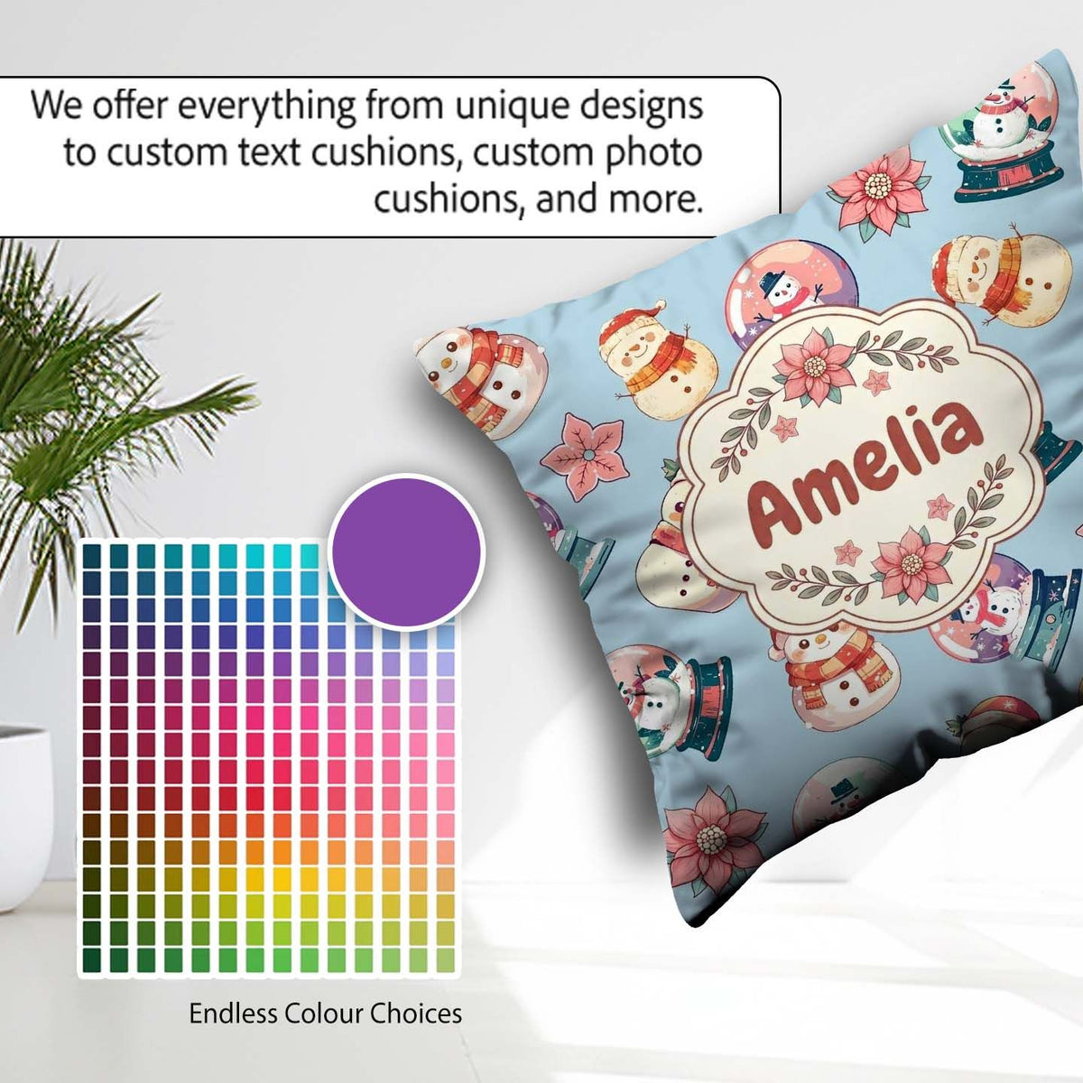 Custom Name Snow Globe Poinsettia Winter Christmas on Background Square Filled Cushion Throw Pillow Sofa Bed Home Decor Zip Washable UK Made