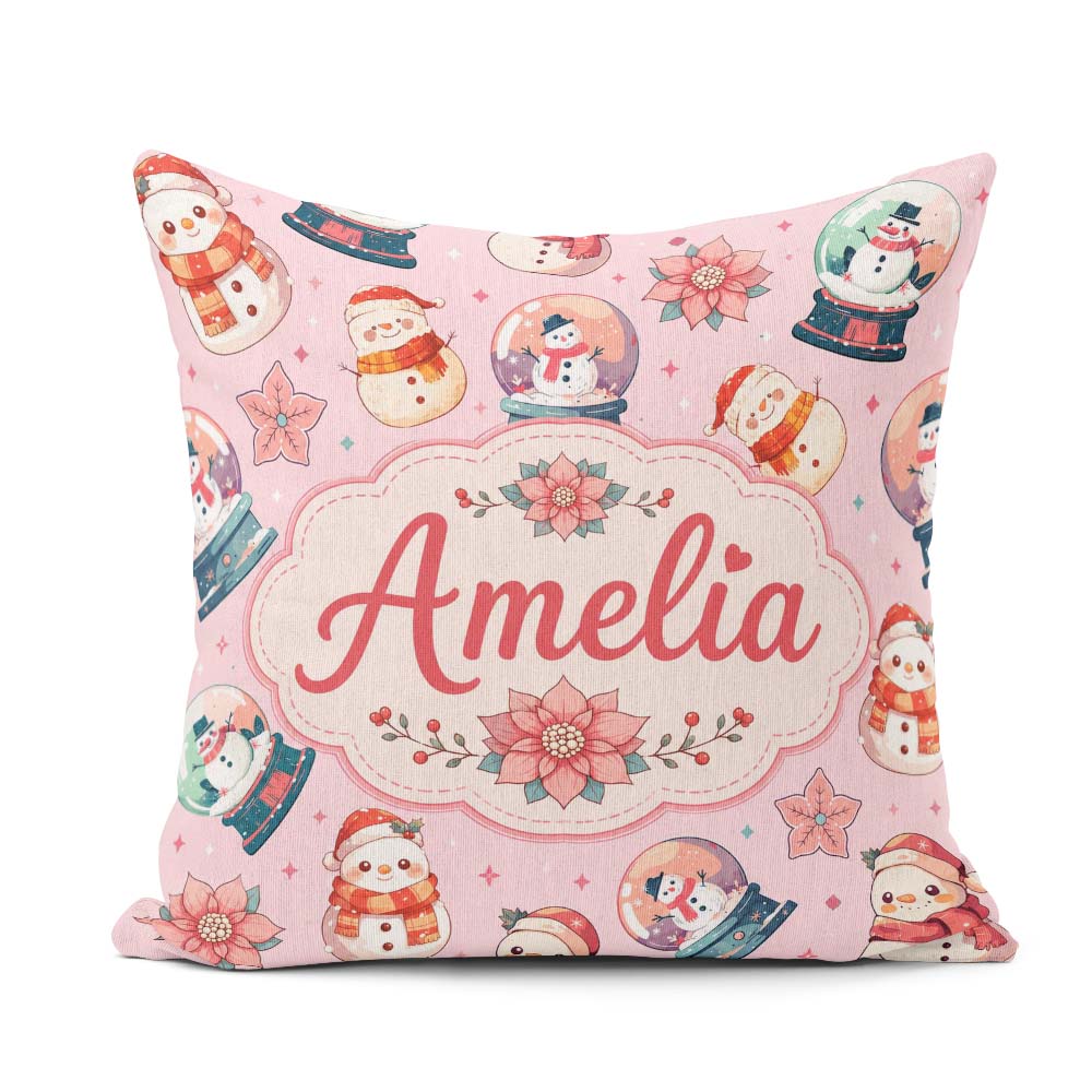 Custom Name Snowman Snow Globe Poinsettia Christmas on Soft Pink Square Filled Cushion Throw Pillow Sofa Bed Home Decor Zip Washable UK Made