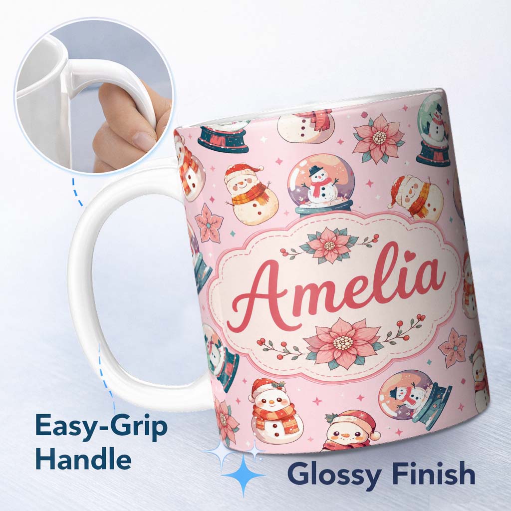 Personalized Custom Name Snowman Snow Globe Poinsettia Christmas on Soft Pink Background 11oz Ceramic Coffee Tea Mug White Large Handle