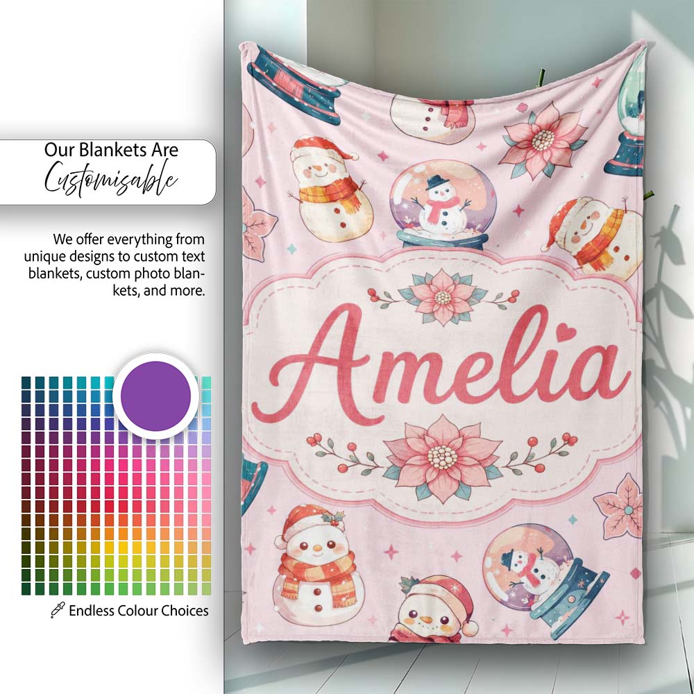 Snowman Snow Globe Poinsettia Christmas on Soft Pink Background Personalised Custom Name Super Soft Fleece Blanket Bed Sofa Throw