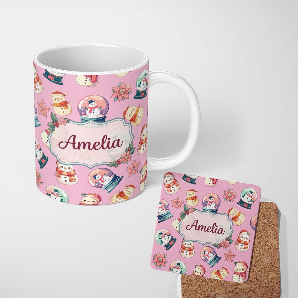 Personalized Custom Name Cute Snowman Snow Globe Poinsettia Christmas on Mauve Pink 11oz Ceramic Coffee Tea Mug White Large Handle