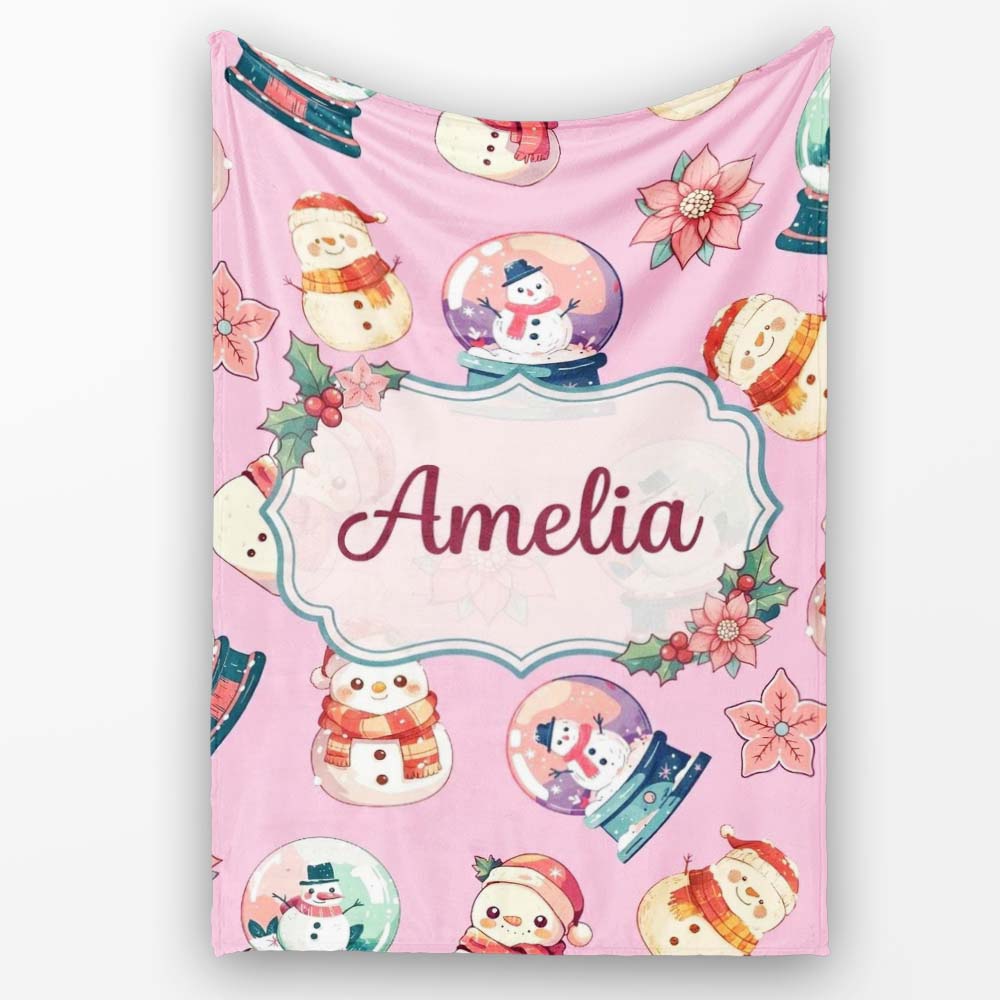 Cute Snowman Snow Globe Poinsettia Christmas on Mauve Pink Personalised Custom Name Super Soft Fleece Blanket Bed Sofa Throw