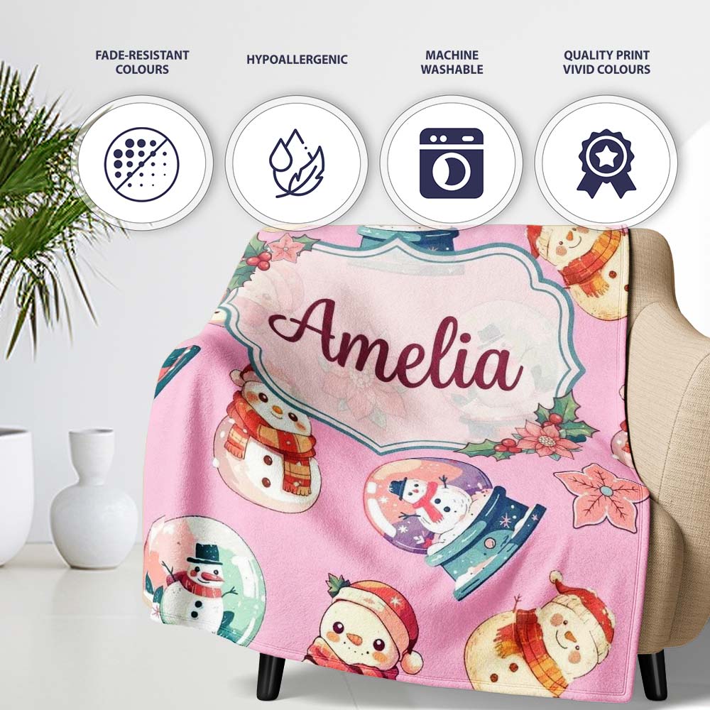 Cute Snowman Snow Globe Poinsettia Christmas on Mauve Pink Personalised Custom Name Super Soft Fleece Blanket Bed Sofa Throw