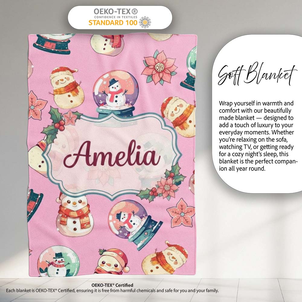 Cute Snowman Snow Globe Poinsettia Christmas on Mauve Pink Personalised Custom Name Super Soft Fleece Blanket Bed Sofa Throw