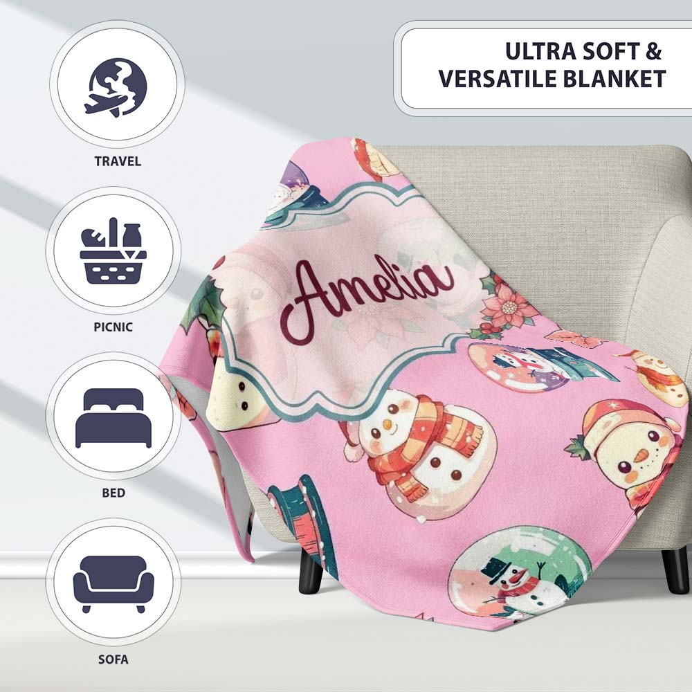 Cute Snowman Snow Globe Poinsettia Christmas on Mauve Pink Personalised Custom Name Super Soft Fleece Blanket Bed Sofa Throw