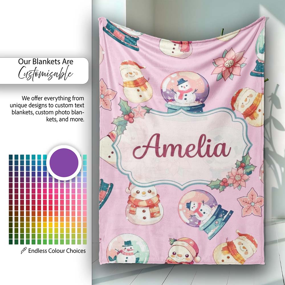 Cute Snowman Snow Globe Poinsettia Christmas on Mauve Pink Personalised Custom Name Super Soft Fleece Blanket Bed Sofa Throw