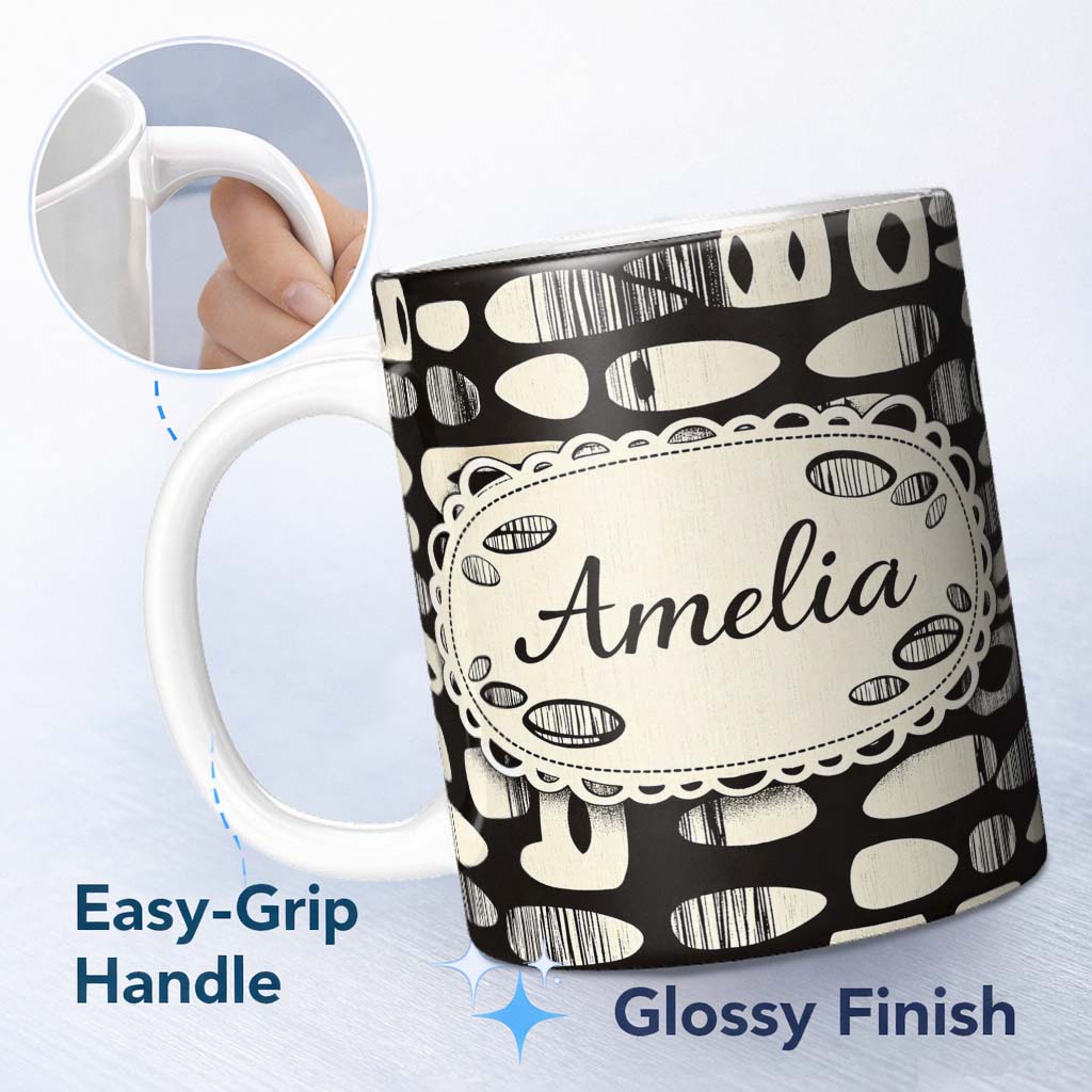 Personalized Custom Name Abstract Oval Pebbles Black Cream Organic Shapes Pattern Lovely 11oz Ceramic Coffee Tea Mug White Large Handle