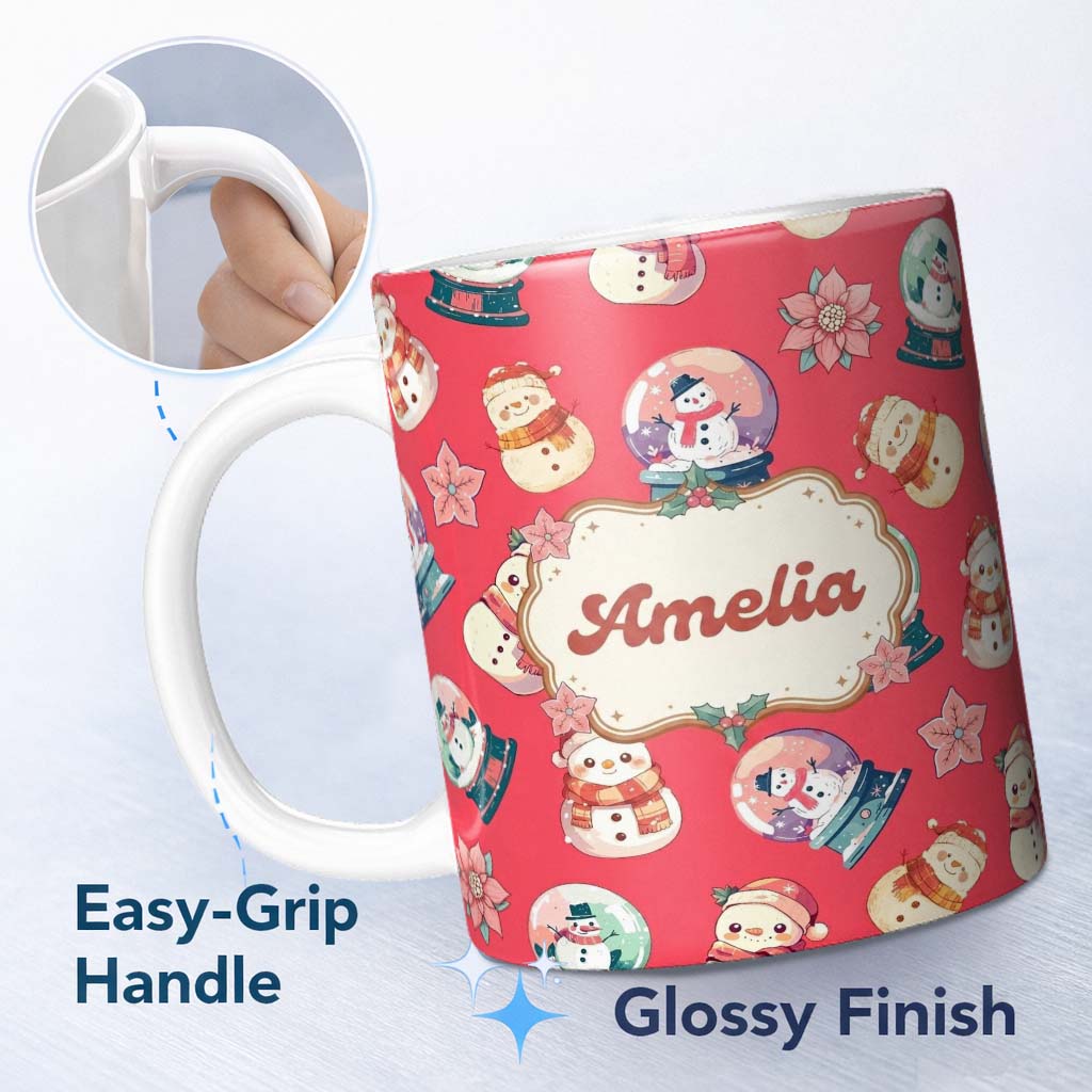 Personalized Custom Name Cute Snowman Snow Globe Poinsettia Winter Christmas on Red 11oz Ceramic Coffee Tea Mug White Large Handle