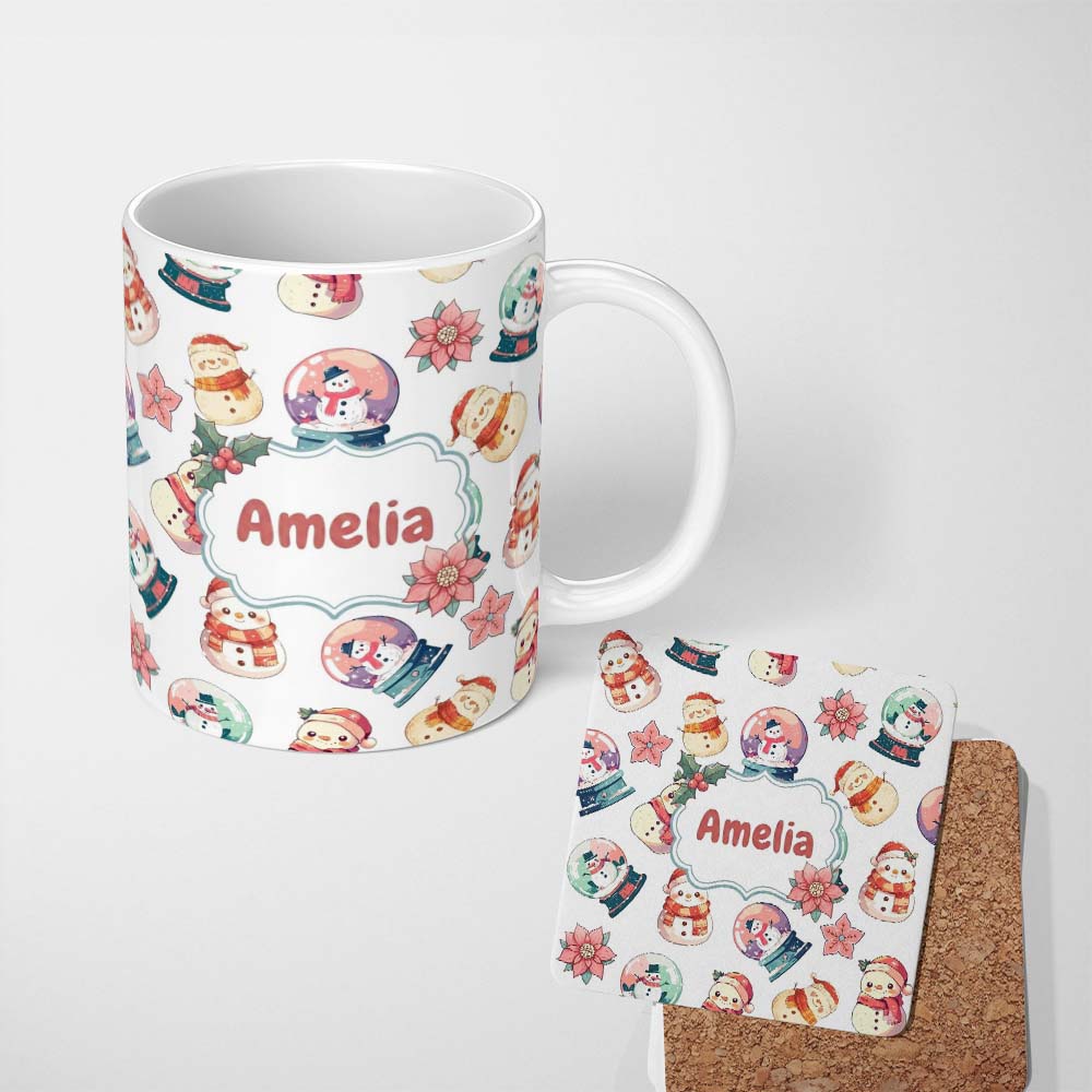 Personalized Custom Name Cute Snowman Snow Globe Poinsettia Christmas on Light Grey 11oz Ceramic Coffee Tea Mug White Large Handle