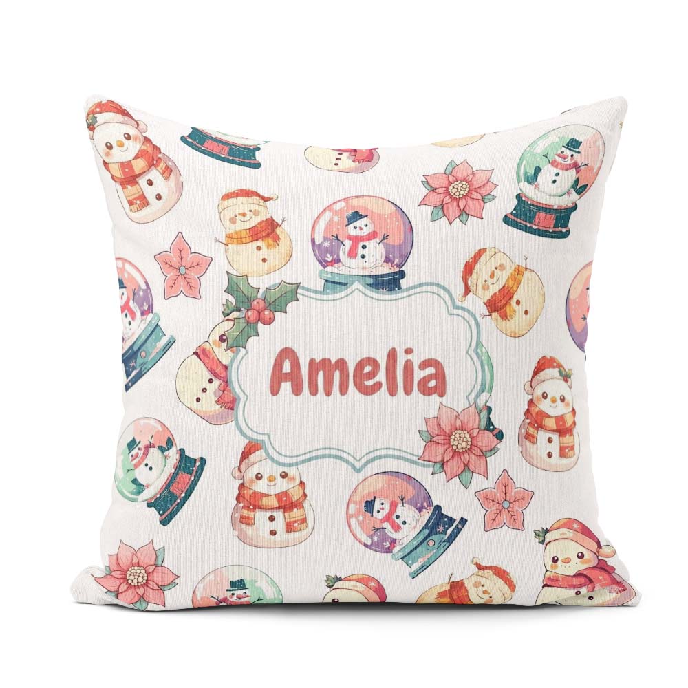 Custom Name Cute Snowman Snow Globe Poinsettia Christmas on Grey Square Filled Cushion Throw Pillow Sofa Bed Home Decor Zip Washable UK Made