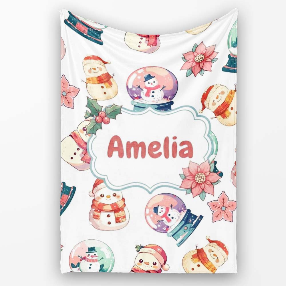 Cute Snowman Snow Globe Poinsettia Christmas on Light Grey Personalised Custom Name Super Soft Fleece Blanket Bed Sofa Throw