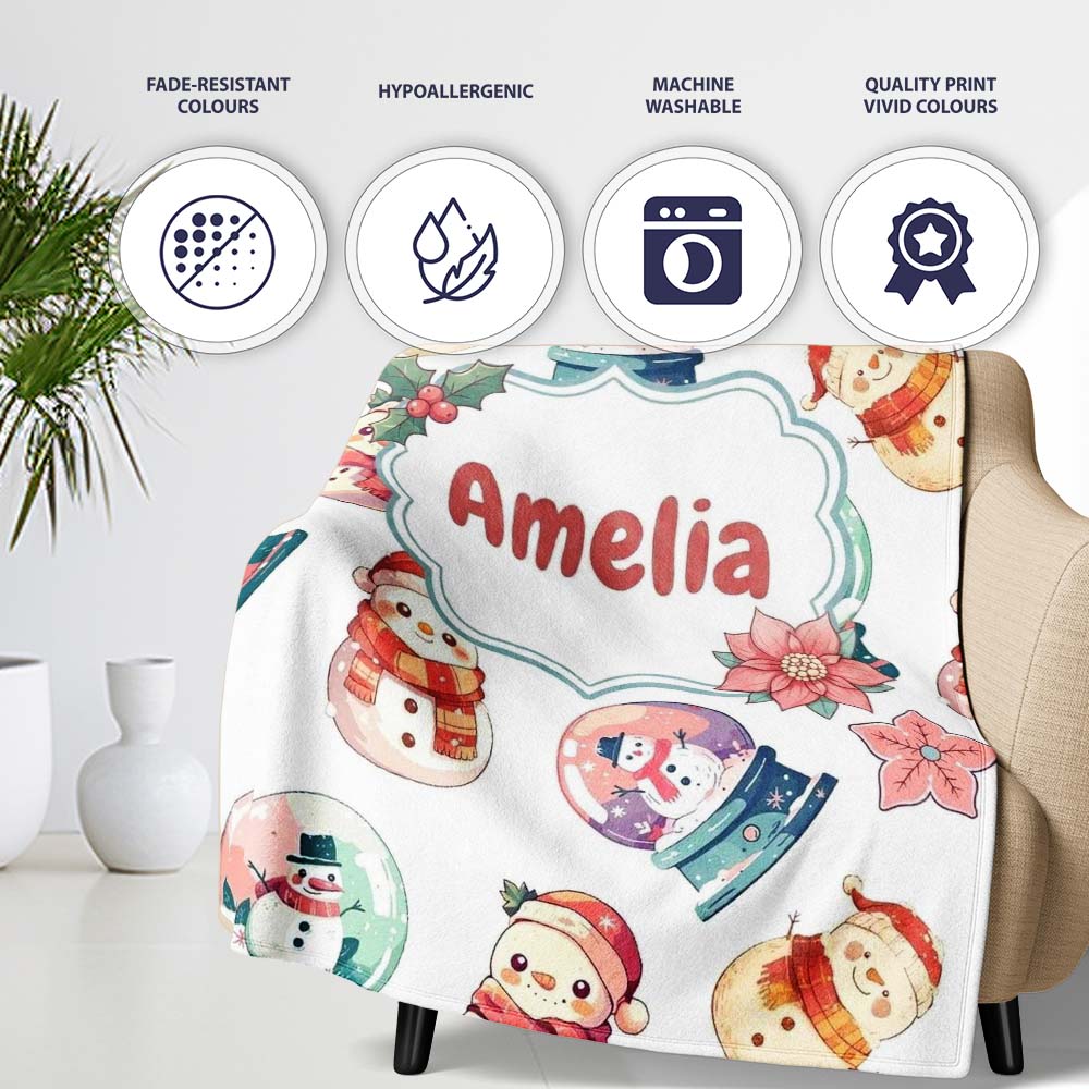 Cute Snowman Snow Globe Poinsettia Christmas on Light Grey Personalised Custom Name Super Soft Fleece Blanket Bed Sofa Throw