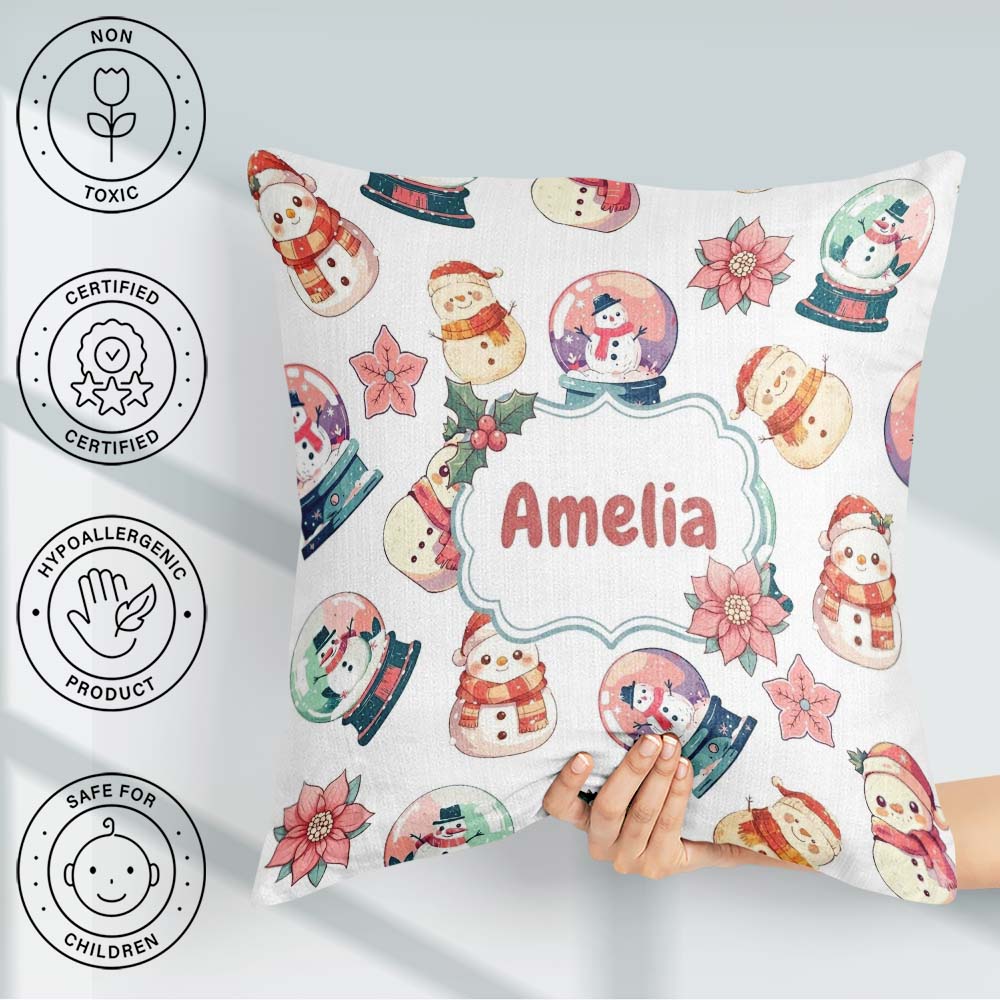 Custom Name Cute Snowman Snow Globe Poinsettia Christmas on Grey Square Filled Cushion Throw Pillow Sofa Bed Home Decor Zip Washable UK Made