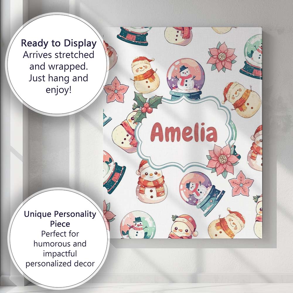 Personalised Name Cute Snowman Snow Globe Custom Unique Gift Idea Elegant Feature Canvas Wall Art Print Decor Picture Ready to Hang
