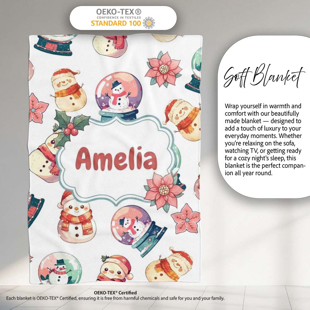 Cute Snowman Snow Globe Poinsettia Christmas on Light Grey Personalised Custom Name Super Soft Fleece Blanket Bed Sofa Throw