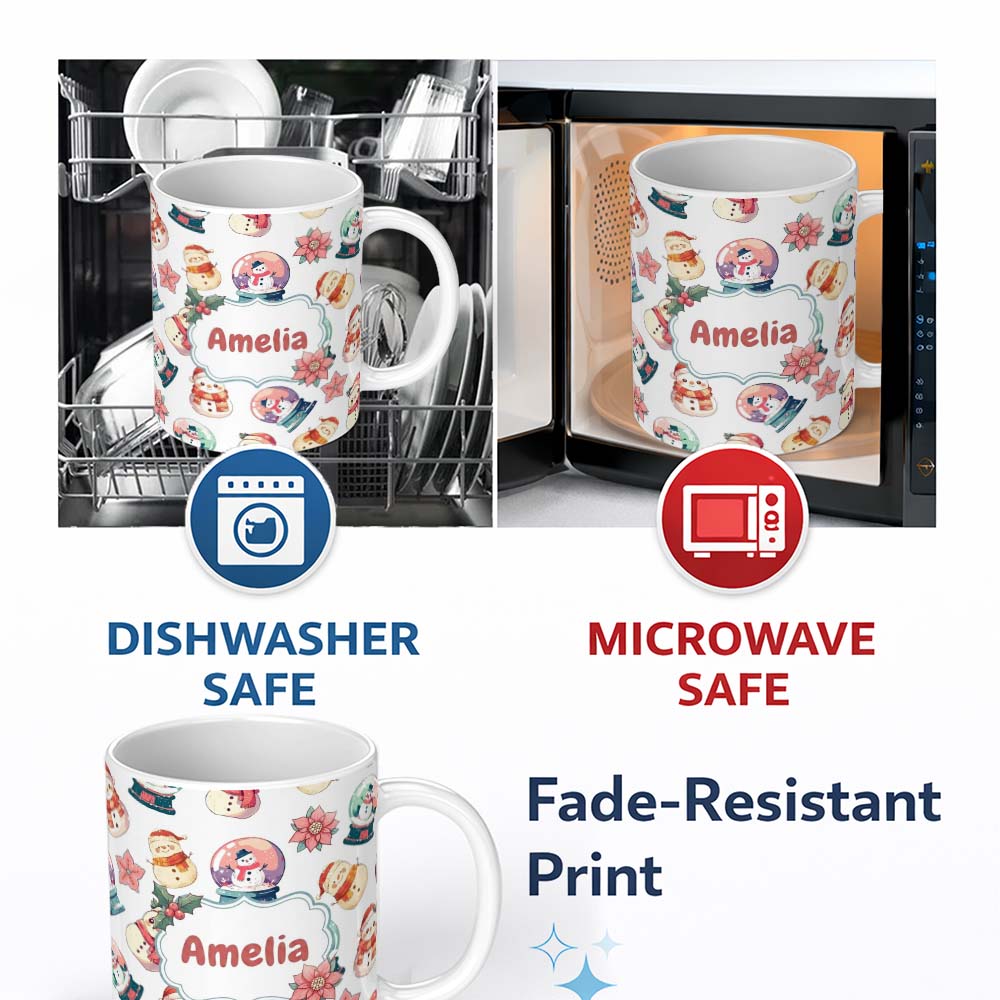 Personalized Custom Name Cute Snowman Snow Globe Poinsettia Christmas on Light Grey 11oz Ceramic Coffee Tea Mug White Large Handle