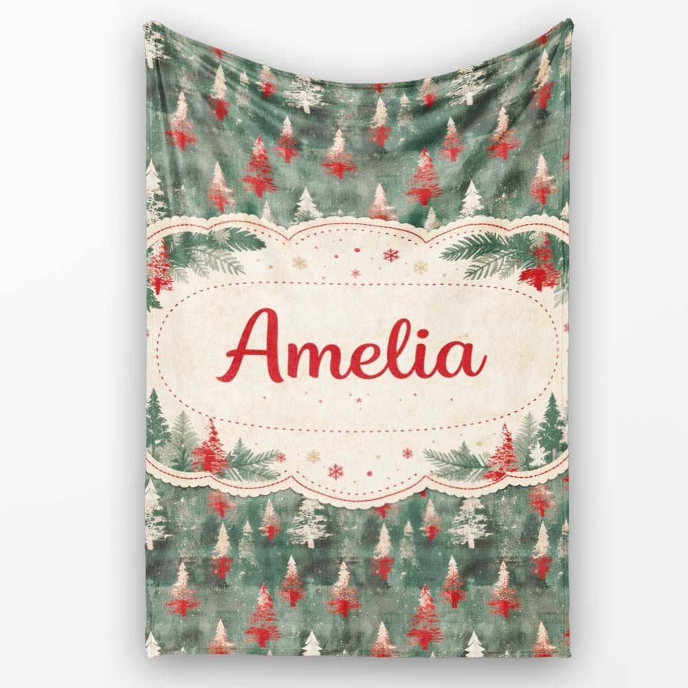 Abstract Watercolor Christmas Trees Green Artistic Seamless Pattern Personalised Custom Name Super Soft Fleece Blanket Bed Sofa Throw