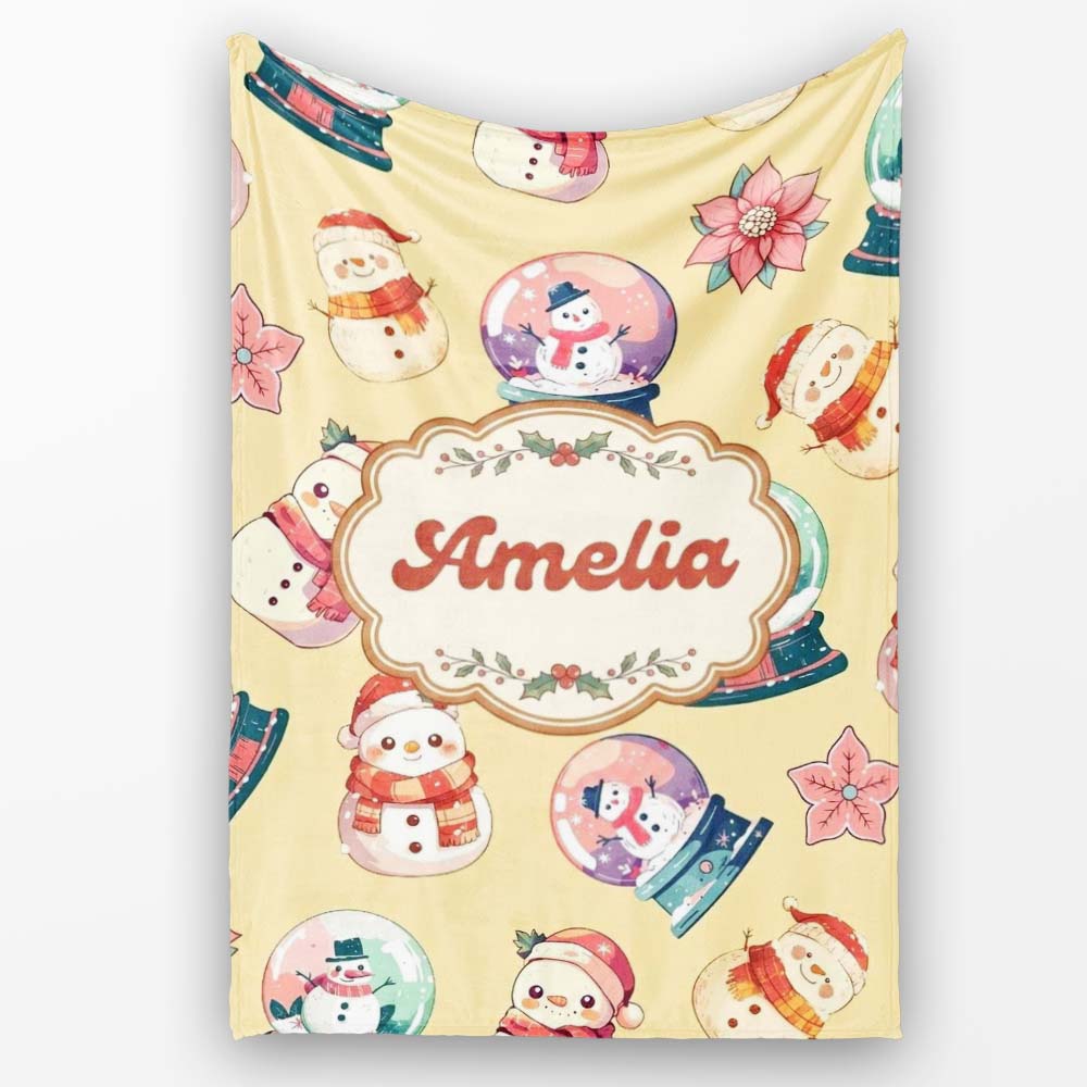 Cute Snowman Snow Globe Poinsettia Christmas on Warm Beige Personalised Custom Name Super Soft Fleece Blanket Bed Sofa Throw