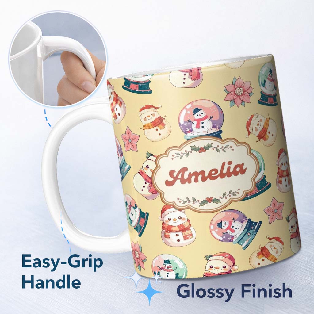 Personalized Custom Name Cute Snowman Snow Globe Poinsettia Christmas on Warm Beige 11oz Ceramic Coffee Tea Mug White Large Handle