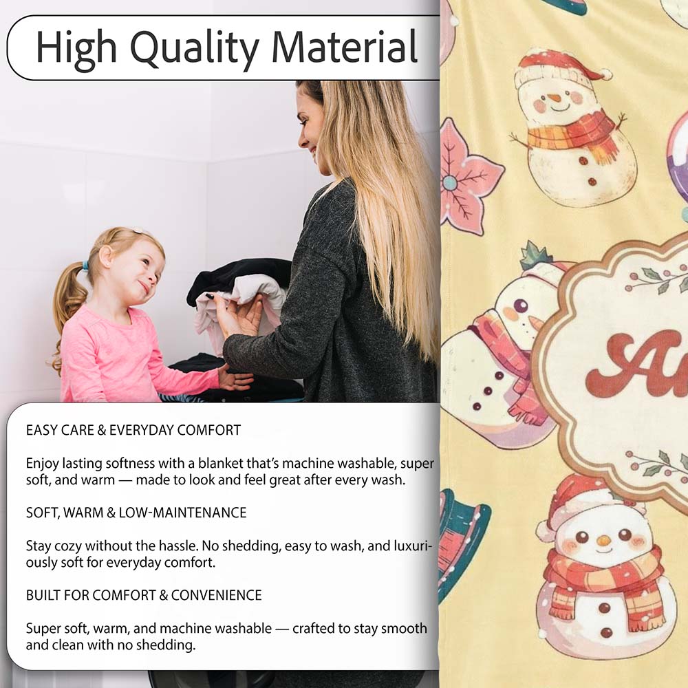 Cute Snowman Snow Globe Poinsettia Christmas on Warm Beige Personalised Custom Name Super Soft Fleece Blanket Bed Sofa Throw