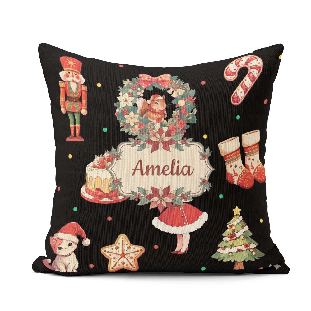 Custom Name Nutcracker Wreath Cake Girl Tree on Black Background Square Filled Cushion Throw Pillow Sofa Bed Home Decor Zip Washable UK Made