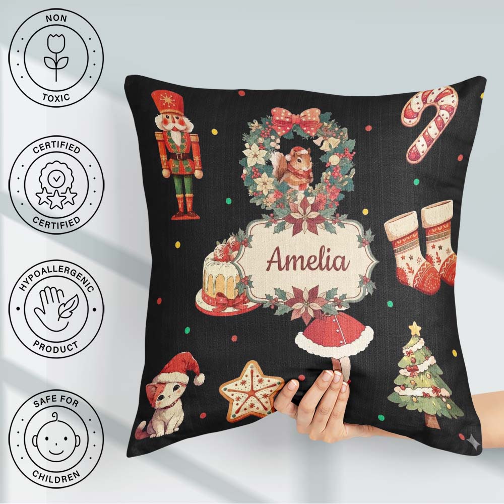 Custom Name Nutcracker Wreath Cake Girl Tree on Black Background Square Filled Cushion Throw Pillow Sofa Bed Home Decor Zip Washable UK Made